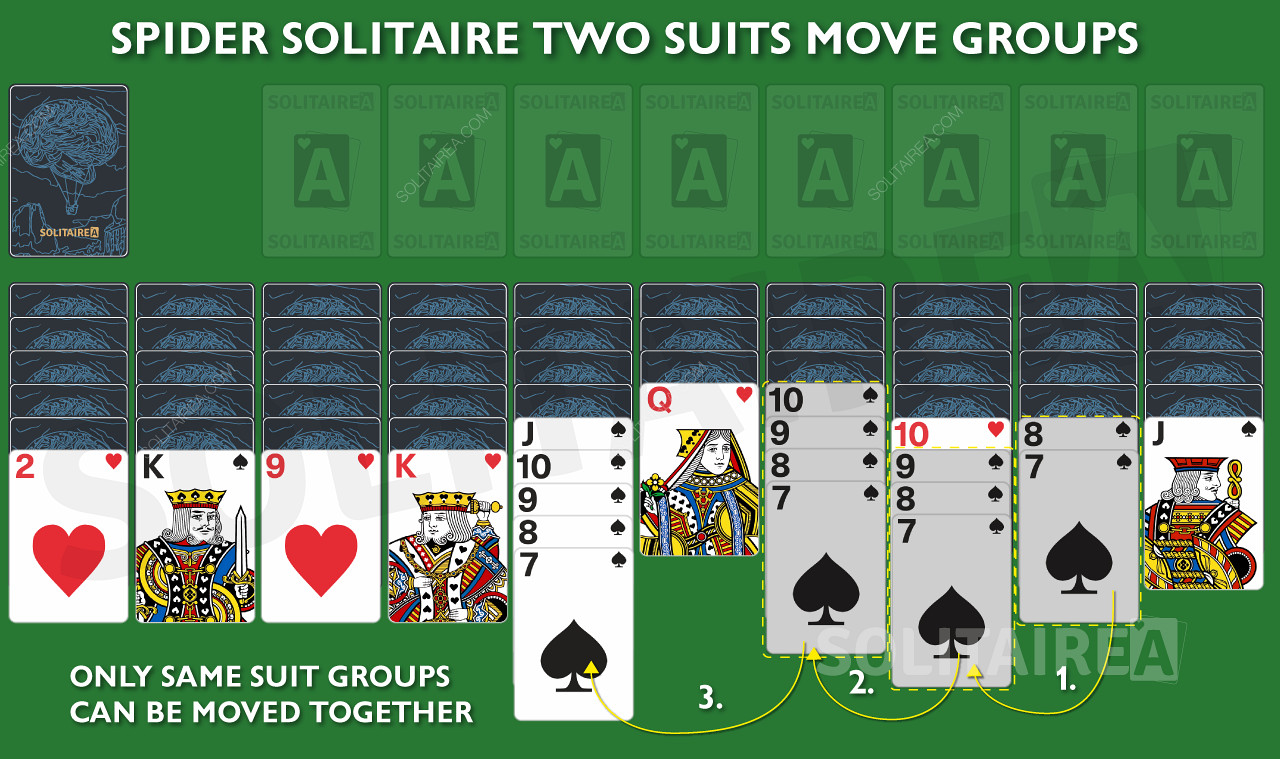 Flytt kortene dine i grupper i Spider Solitaire 2 Suits.