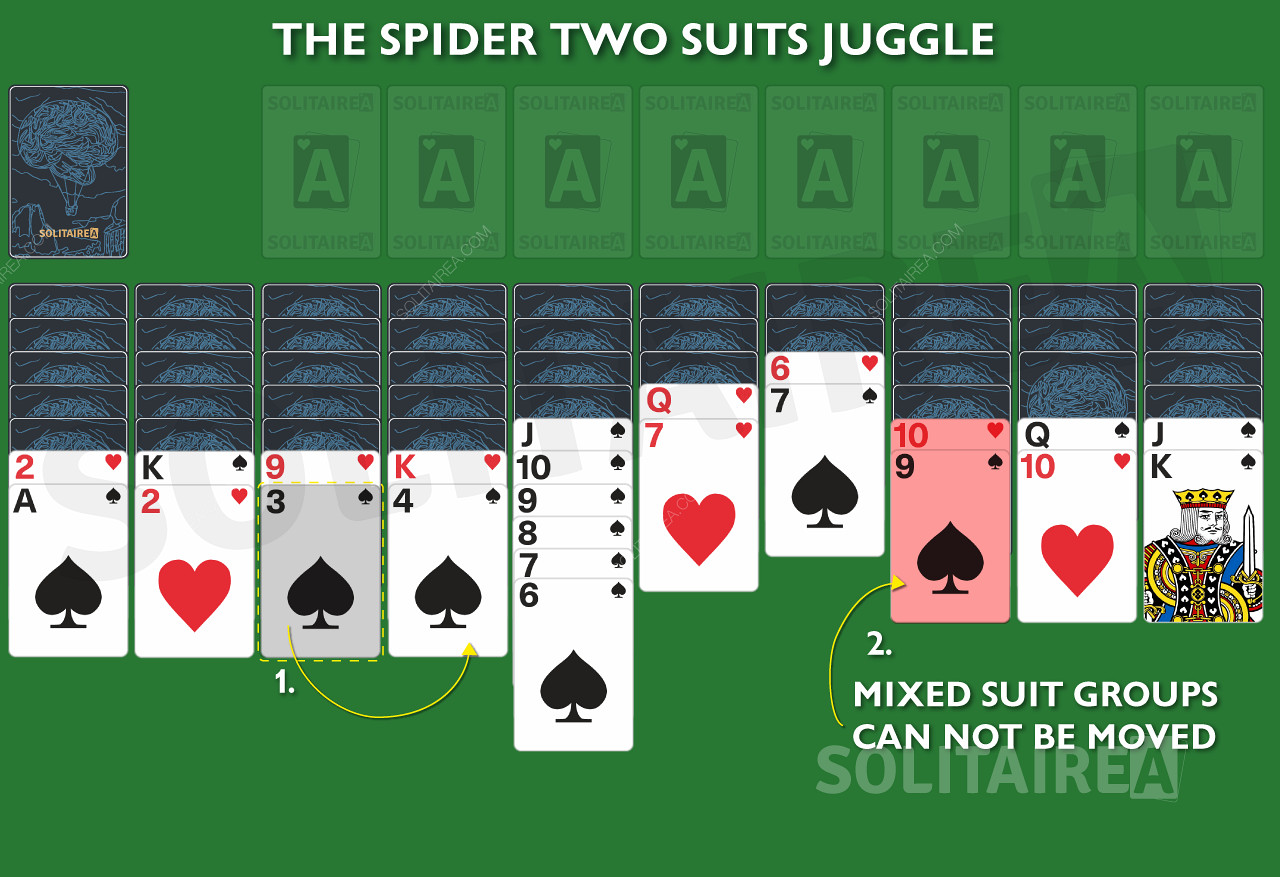 Grupper med blandede farger kan ikke flyttes i Spider Solitaire 2 Suits.